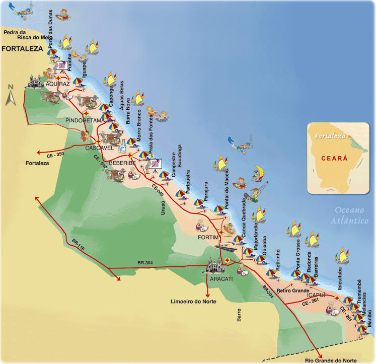 Mapa das Melhores praias do litoral leste do Ceará